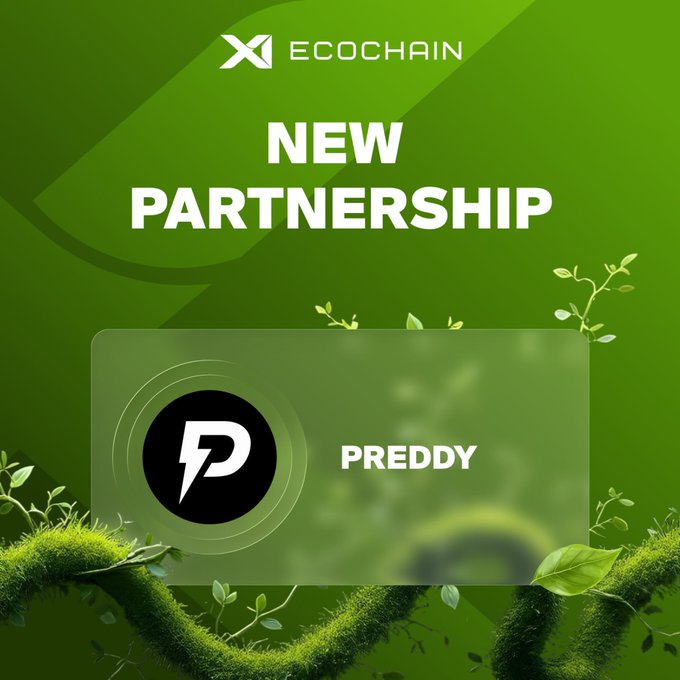 A green-themed promotional graphic announces a "NEW PARTNERSHIP" between EcoChain (X1 EcoChain) and Preddy, featuring both logos displayed prominently with a mossy vine and leaf design. The image visually reinforces the post's announcement about expanding access to prediction markets through their collaboration.