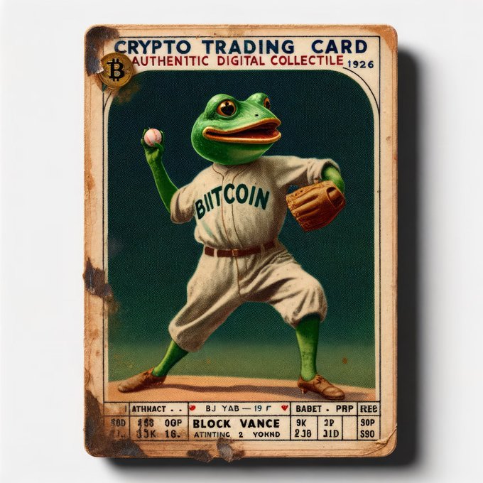 A vintage-style 'CRYPTO TRADING CARD AUTHENTIC DIGITAL COLLECTIBLE 1926' featuring a Pepe the Frog character dressed as a baseball player in a 'BIITCOIN' uniform, in a pitching pose.