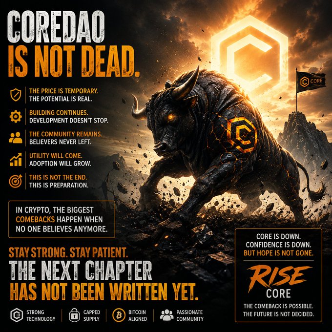 Promotional graphic for COREDAO crypto featuring a fiery charging bull, reading 'COREDAO IS NOT DEAD' and 'RISE CORE', emphasizing comeback, strong technology, and passionate community.