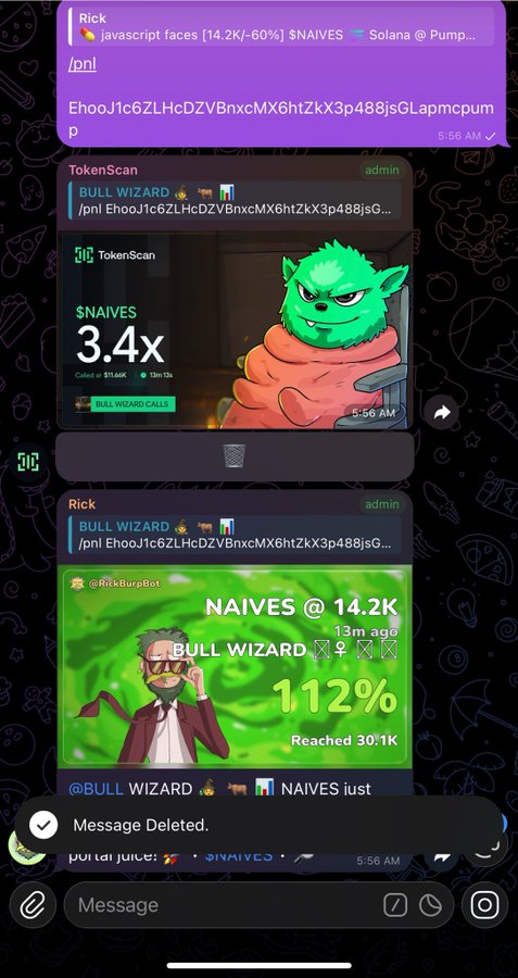 A Telegram chat screenshot showing messages about a cryptocurrency token called $NAIVES on Solana, with TokenScan graphics displaying '3.4x' and 'BULL WIZARD' calls showing 112% gains.