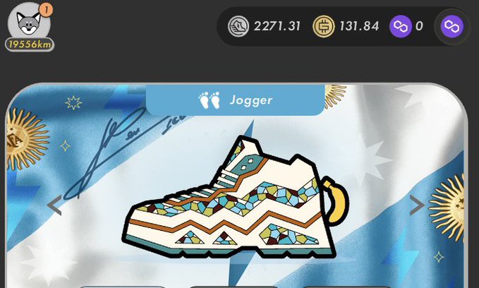 STEPN app screenshot displaying a 'Jogger' sneaker collectible with 2,271.31 energy and 131.84 GST, set against an Argentine flag background.