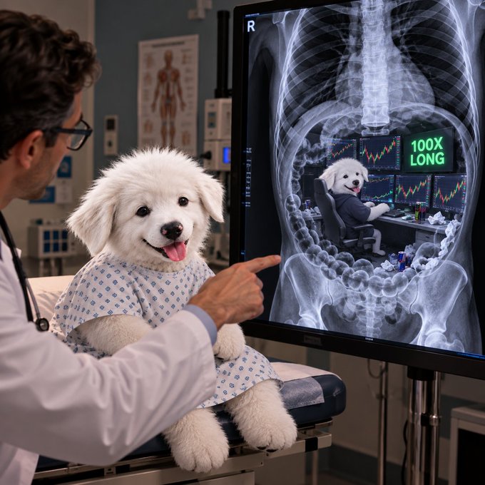 A surreal composite image shows a white fluffy dog in a hospital gown on an examination table, with a doctor pointing to an X-ray monitor displaying a smaller dog trading stocks with a '100X LONG' graphic.