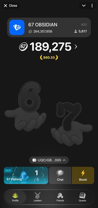 A mobile app interface showing a profile for '67 OBSIDIAN' with 189,275 coins (equivalent to $60.33), featuring navigation tabs for Profile, Leaders, Friends, and Quests.