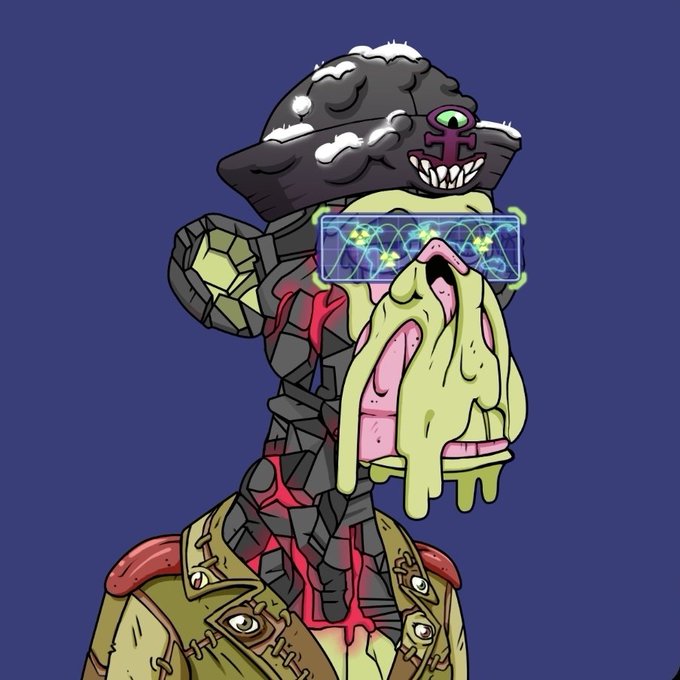 The image features a cartoon monkey wearing glasses, goggles, and a hat with a skull design. The monkey appears to have a face painted on its head, giving it a unique appearance. The background of the image is blue, which contrasts with the monkey's attire and adds depth to the scene. There are also some text elements in the image that read "Buy an ape Hold an ape Be your ape Be proud to be a part of this community BAYC".