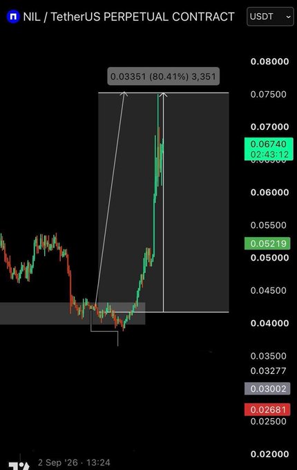 A candlestick chart of the $NIL/USDT perpetual contract on Binance shows an 80.41% price surge to 0.03351, highlighting the substantial upward move referenced in the celebratory post about the post-tweet rally.