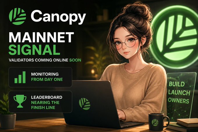 Canopy 'MAINNET SIGNAL' announcement graphic featuring an anime-style illustration of a woman with glasses working on a laptop, alongside text about validators coming online soon and a leaderboard.