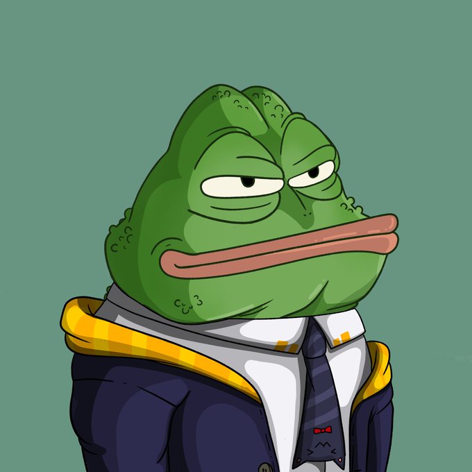 A smug Pepe the Frog in a suit and tie smirks knowingly, embodying the post's confident pitch that the NFT collection "starts moving after mint" — promising buyers that the real momentum comes post-launch, not at drop.