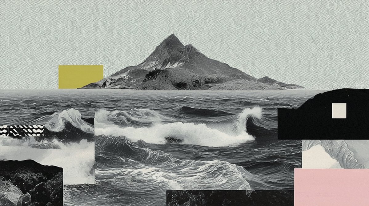 The image features a collage of various pictures depicting a mountain, ocean, and buildings. The collage includes a large mountain with two peaks, one black and white and the other yellow and green. The ocean has waves crashing against rocks on both sides. The background is a grayish-blue color that contrasts with the vibrant colors in the foreground. The image also contains text that reads "GM, today is an UNCOASTAL Anniversary UNCOASTAL - Full Circle Gifted to the 33 holders of the original UNCOASTAL 1/1s to mark the 1 year anniversary of the first UNCOASTAL minted #TEZOSTUESDAY".