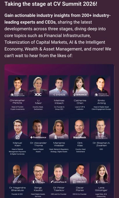 A promotional graphic for CV Summit 2026 featuring speakers from Franklin Templeton, DC, Sygnum, Binance, Franklin Templeton, PostFinance, BlackRock, and others discussing topics like Financial Infrastructure, Tokenization of Capital Markets, and Wealth & Asset Management.