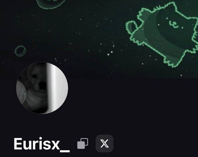 The image displays a profile card with the username "Eurisx_" alongside a grayscale avatar of a small dog, set against a dark space-themed background featuring green pixel art. This serves as the user's Pump app profile, which they mention in the post as their new platform of choice for sharing coin callouts and trading with 0% fees.