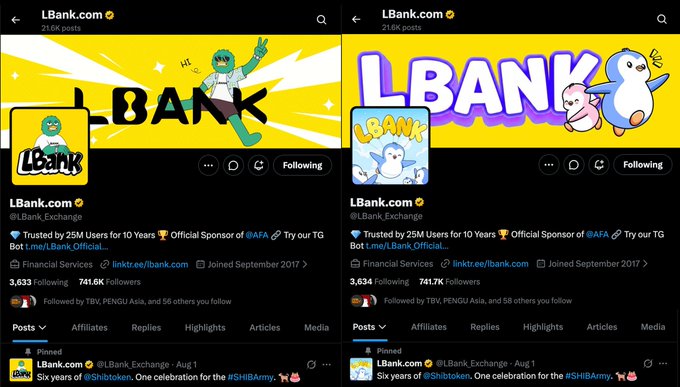 Side-by-side comparison of two Twitter/X profiles for LBank Exchange (@LBank_Official), both verified accounts with similar branding, banners, and follower counts (741.6K and 741.7K), though the right profile uses a different handle and slight design variations.