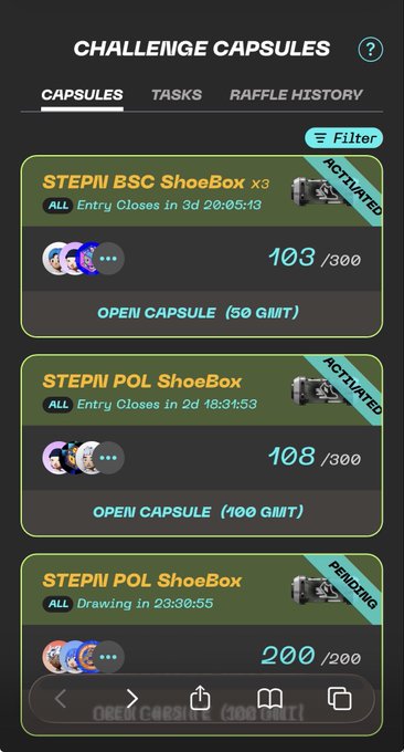 A mobile app screen titled 'CHALLENGE CAPSULES' showing STEP'N BSC ShoeBox x3 (103/300, 50 GMT) and STEP'N POL ShoeBox entries (108/300 at 100 GMT, and 200/200 pending), with a status banner indicating some are activated and others pending.