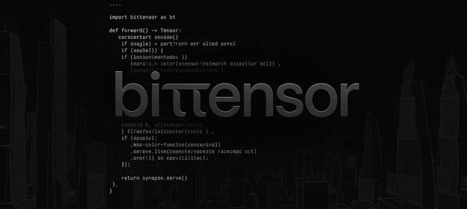 The image displays "bittensor" in stylized lettering overlaid on dark code featuring a Python `forward()` function, visually reinforcing the post's theme of Bittensor ($TAO) subnets as a technical, research-driven investment rather than a short-term trade.