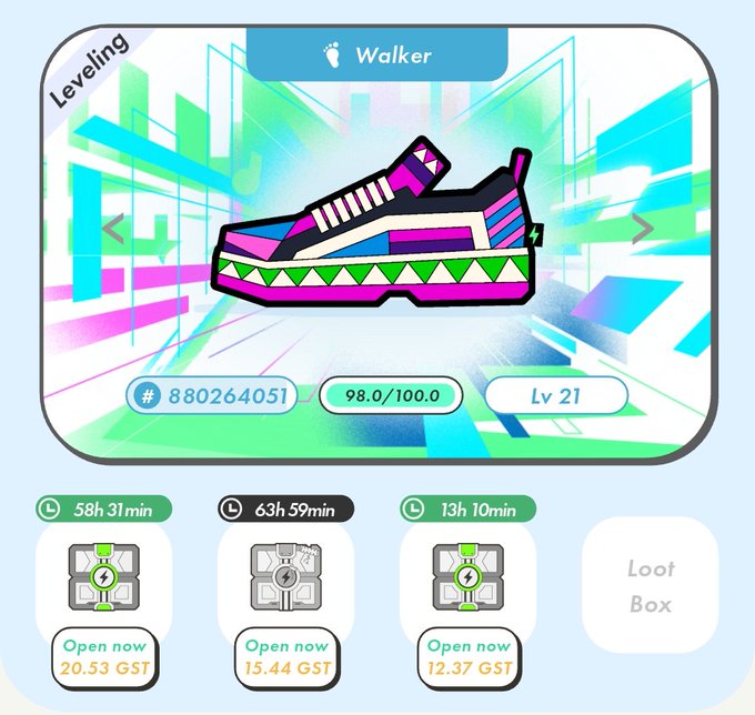 A digital interface showing a colorful 'Walker' sneaker NFT at Level 21, with stats showing 98.0/100.0 and reward boxes labeled with GST token amounts.