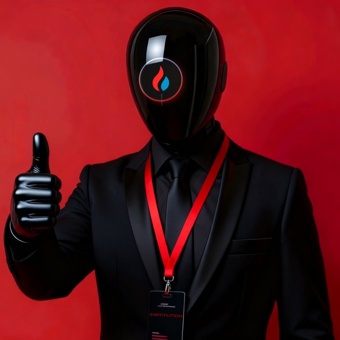 A sleek figure in a black helmet and suit gives a thumbs-up against a red background, with a lanyard reading "INSTITUTION" around their neck, symbolizing a positive "GM" (good morning) crypto community greeting and celebrating a green market tip on Ethereum.