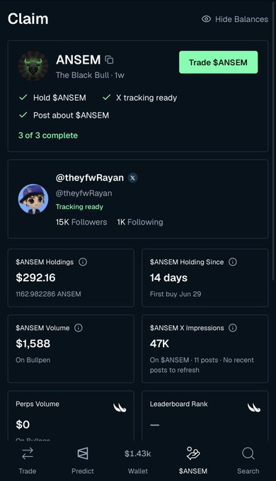 A mobile app screenshot showing a "Claim" page for the $ANSEM token, featuring the Black Bull mascot and stats including $292.16 in holdings, 1,162.982286 ANSEM held for 14 days, $1,588 trading volume, and 47K X impressions. The 3 of 3 complete tasks (Hold $ANSEM, X tracking ready, Post about $ANSEM) align with the user's caption celebrating their 14-day hold and belief in the Black Bull project by @blknoiz06.