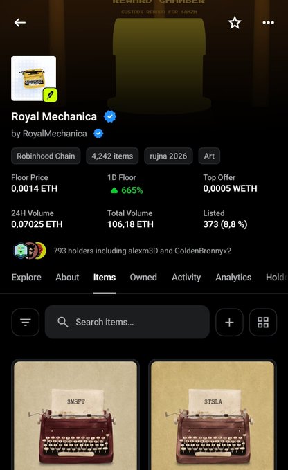 An NFT marketplace listing for 'Royal Mechanica' by RoyalMechanica on the Robinhood Chain, showing a floor price of 0.0014 ETH, 1D Floor increase of 665%, 24H Volume of 0.07025 ETH, and 793 holders; items displayed include typewriter-style artwork featuring '$MSFT' and '$TSLA'.
