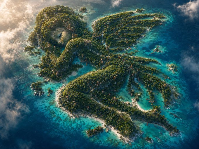 An aerial view of a lush, tropical island with vibrant turquoise waters and dense greenery, viewed from above the clouds. The serene, unspoiled paradise landscape evokes the sense of escape and tranquility often associated with the ticker "$BAYLA," suggesting a connection to tropical travel, leisure, or a destination-themed investment.