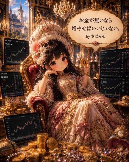 An AI-generated image of a young girl in an ornate floral dress holding a Bitcoin, surrounded by gold coins and cryptocurrency trading screens displaying BTC/USDT price charts, with Japanese text reading 'お金が無いなら増やせばいいじゃない。by さばみそ'.