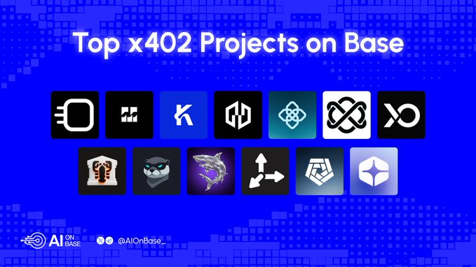 A graphic titled 'Top x402 Projects on Base' displaying twelve project logos on a blue background with the 'AI ON BASE' watermark.