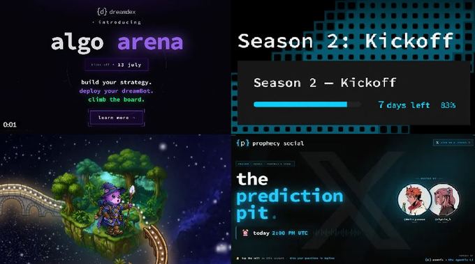 A collage of four graphics including 'algo arena' by dreamdex (KICK OFF - 12 July), 'Season 2: Kickoff' (7 days left 33%), an illustration of a wizard in a floating forest, and 'the prediction pit' by prophecy social for today 21:00 PM UTC.