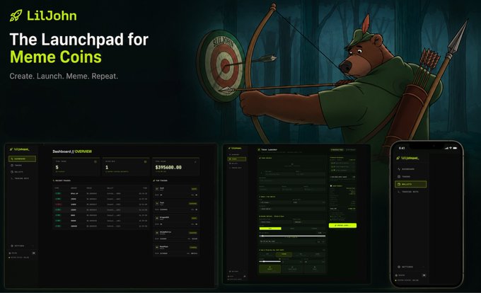 A promotional banner for 'LilJohn - The Launchpad for Meme Coins' featuring a cartoon bear archer aiming at a target, with app interface mockups below.