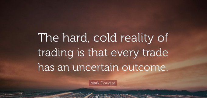 A dramatic sunset/sunrise scene with an inspirational trading quote overlaid: "The hard, cold reality of trading is that every trade has an uncertain outcome." — Mark Douglas. The image reinforces the post's GM greeting by reminding traders to embrace uncertainty as they pursue new opportunities in BTC and ETH.
