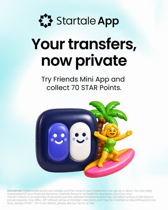 A promotional graphic for Startale App's "Friends Mini App" featuring the headline "Your transfers, now private" with a 70 STAR Point reward offer, illustrated by a tropical summer-themed 3D design with two smiling pill-shaped characters and a hula dancer figurine on a pink surfboard beside a palm tree, matching the post's announcement about private transfers and the summer fiesta celebration.