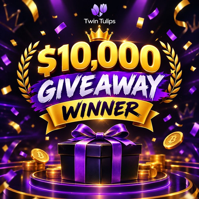 A vibrant promotional graphic featuring a black gift box with a purple ribbon, gold laurel wreaths, and a crown, announcing the "$10,000 GIVEAWAY WINNER" for Twin Tulips, complete with floating confetti and Bitcoin coins in a celebratory purple and gold design that complements the congratulatory post.