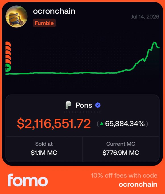 A screenshot from the FOMO app shows a user named "ocronchain" who sold a token called "Pons" at $1.1M market cap, only for it to pump to a current MC of $776.9M—a 65,884.34% gain they missed out on, illustrating the post's lesson about being burned for "not believing" during a bull market rally.