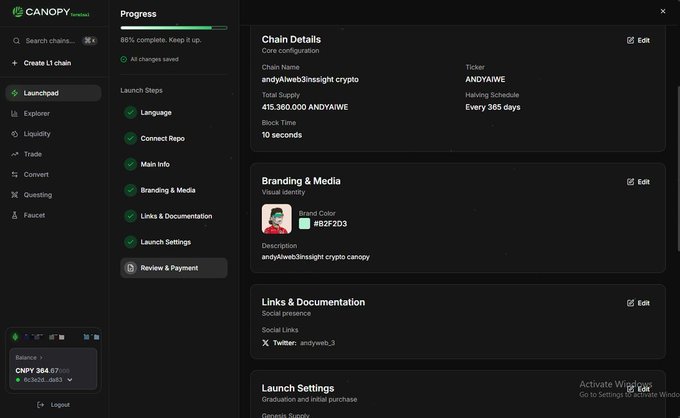 A dark-themed Canopy blockchain Launchpad dashboard showing 88% progress for a chain named "andyAwe3Insight crypto" with ticker "ANDYAIWE", total supply 415,360,000, and brand color #62F2D3.
