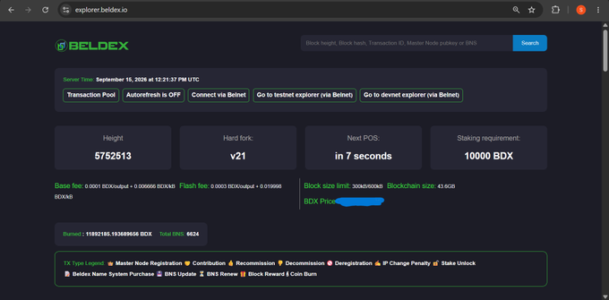 A screenshot of the Beldex blockchain explorer website (explorer.beldex.io) displaying server time, transaction pool status, block height of 5752513, hard fork v21, and next POS in 7 seconds.