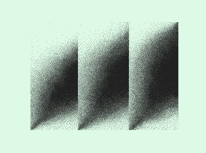 The image shows three vertical panels of black stippled dots on a pale green background, creating a gradient effect that intensifies from left to right. It appears to be an abstract artistic representation with no visible text, which complements the post's announcement of the completed $FOLD CCA and the upcoming sequence launch phases for Interfold's mainnet.