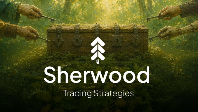 The image shows a treasure chest in a forest setting with hands holding keys reaching toward it from both sides, overlaid with the "Sherwood Trading Strategies" logo featuring a tree symbol. The caption reads: "A treasure chest guarded by key-bearing hands represents the unlocking of earning potential through Sherwood's trading strategies on Reppo, where users can earn $WOOD tokens by contributing preferences via Orquestra swarms."