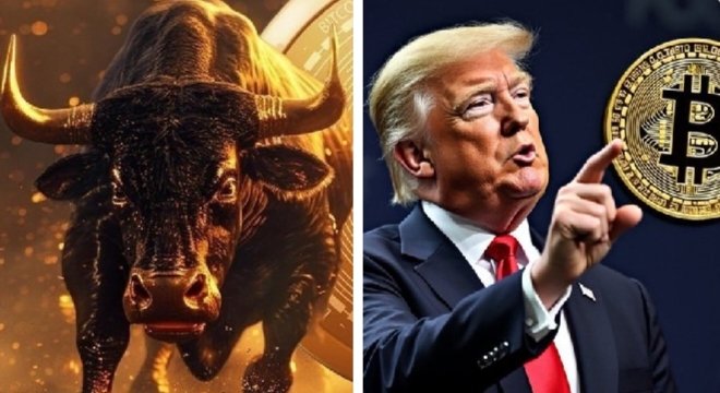 A bull symbol is juxtaposed with President Trump and a Bitcoin logo, reflecting the post's discussion of his support for the crypto industry amid legislative efforts like the CLARITY Act.