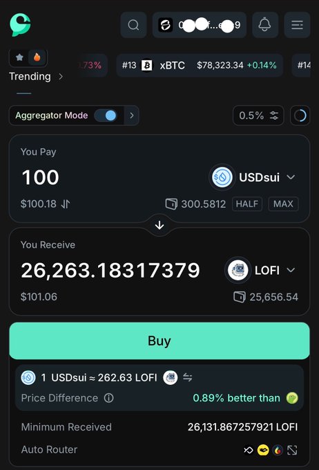 A screenshot of a cryptocurrency swap interface in dark mode, showing a trade of 100 USDsui for 26,263.18 LOFI tokens, with a 'Buy' button and '0.89% better than' indicator visible.
