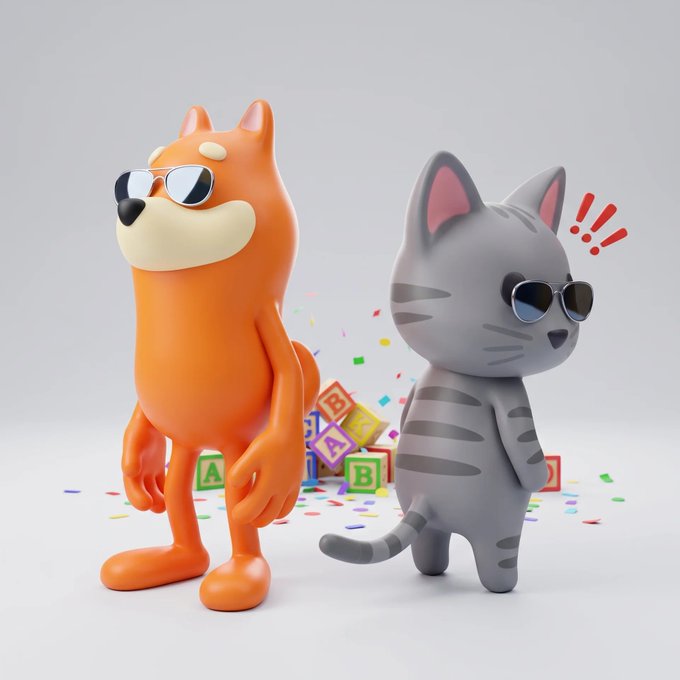 A 3D rendering of an orange dog and gray tabby cat character wearing sunglasses with colorful confetti and toy blocks in the background.