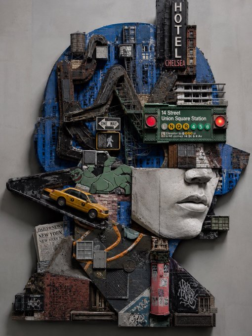 A surreal mixed-media collage portrait of a face composed of New York City street elements, featuring a "HOTEL CHELSEA" sign, a "14 Street Union Square Station" subway sign listing the N, Q, R, 4, 5, 6 lines, a yellow taxi, and a "Daily News NEW YORK" newspaper, capturing the essence of NYC for the NFT NYC event.