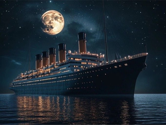A nighttime illustration of the Titanic ocean liner illuminated against a starry sky with a large full moon overhead, its lights reflecting on the calm water below.