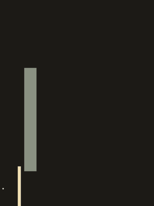A minimalist black image featuring a tall gray vertical rectangle and a smaller beige vertical line in the lower left corner.