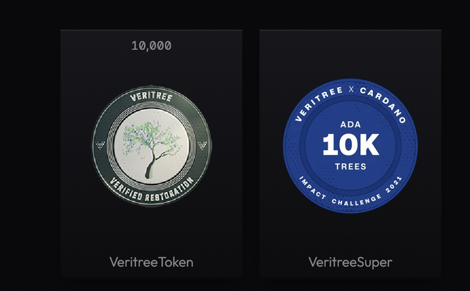Two digital NFT-style badges displayed against dark backgrounds: 'VeritreeToken' showing a tree with 'Verified Restoration' text, and 'VeritreeSuper' featuring 'ADA 10K TREES' for the Veritree x Cardano Impact Challenge 2021.