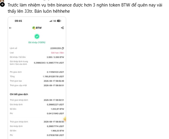 A Binance order confirmation screenshot in Vietnamese showing a market sell order ('Lệnh vố') for the BTW token with a total of 3,000 BTW (0.39 USDT) executed at 08:05 on 2026-08-17, with caption text discussing being scammed for 3 billion BTW that pumped 33x.