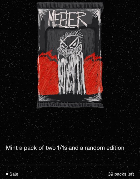 A digital illustration of a pack labeled 'MEEEER' featuring a monstrous face with a red stripe, with text reading 'Mint a pack of two 1/1s and a random edition' and '39 packs left' (Sale).