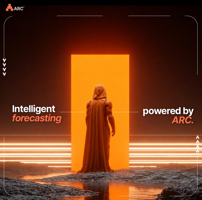 A dramatic promotional image for ARC featuring a hooded cloaked figure standing before a glowing orange portal, with text reading 'Intelligent forecasting powered by ARC.'