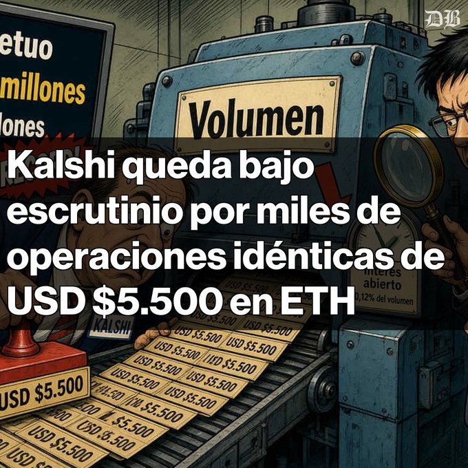 Spanish-language news illustration 'Kalshi queda bajo escrutinio por miles de operaciones idénticas de USD $5.500 en ETH' depicting suspicious identical USD $5,500 transactions being printed under a 'Volumen' machine.