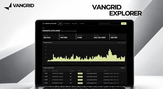 A promotional image for 'VANGRID EXPLORER' showing a laptop displaying a data dashboard with graphs and transaction statistics.