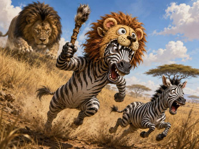 A surreal scene shows a zebra running while wearing a lion mask and holding a club, with a real lion chasing behind in the savanna.