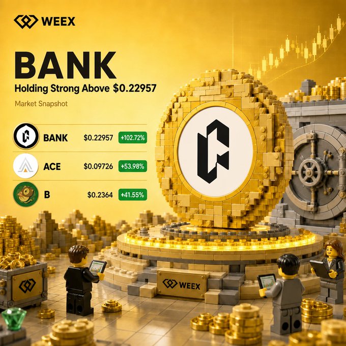 A WEEX market snapshot showing BANK leading at $0.22957 with a +102.72% gain, alongside ACE (+53.98%) and B (+41.55%), depicted in a golden LEGO-style 3D scene with a large coin displaying the BANK logo and a vault in the background.