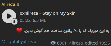 The image shows a Telegram-style post by "Alireza.S" featuring a song titled "Stay on My Skin" by 0x4liireza (3:22, 6.3 MB), shared at 19:35 with 8061 views in the "4liireza_edited" channel. It relates to the accompanying post where the creator announces making an English AI-generated song to mock rival "WIGO Army" fans, tagging crypto tickers like $wigo, $lumos, and $mummy.
