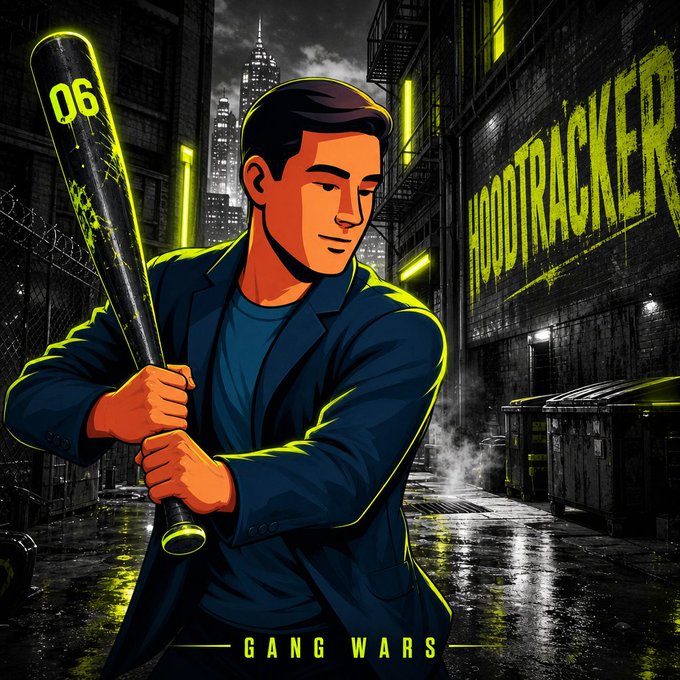 A stylized graphic poster showing a man holding a baseball bat in a dark urban alley, with 'HOODTRACKER 06' and 'GANG WARS' text.